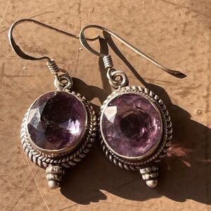 Genuine Amethyst faceted oval in sterling silver vintage earrings